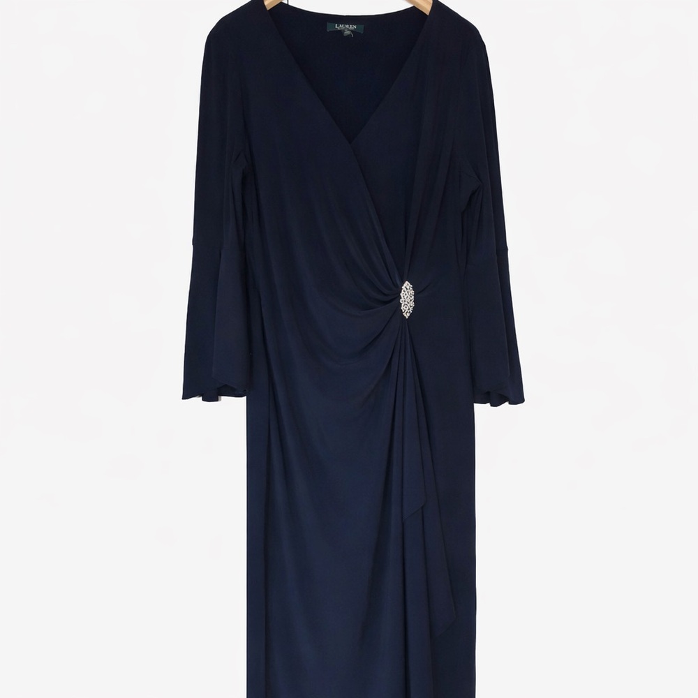 Lauren Ralph Lauren Navy Wrap Dress Rhinestone Brooch Size 14